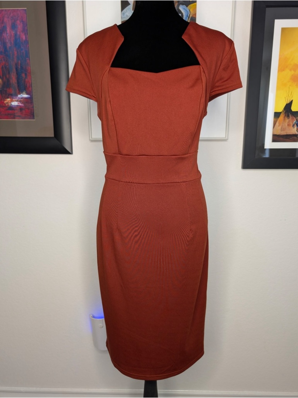 Grace Karin Rust Orange Sheath Midi Dress with Square Neck